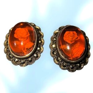 Vintage Carved Rose Amber & Marcasite Earrings in Sterling Silver